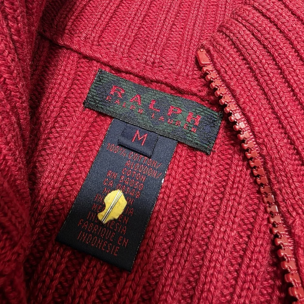 Ralph Lauren Women’s Red Ribbed Full Zip Mock Neck Knit Sweater Size M